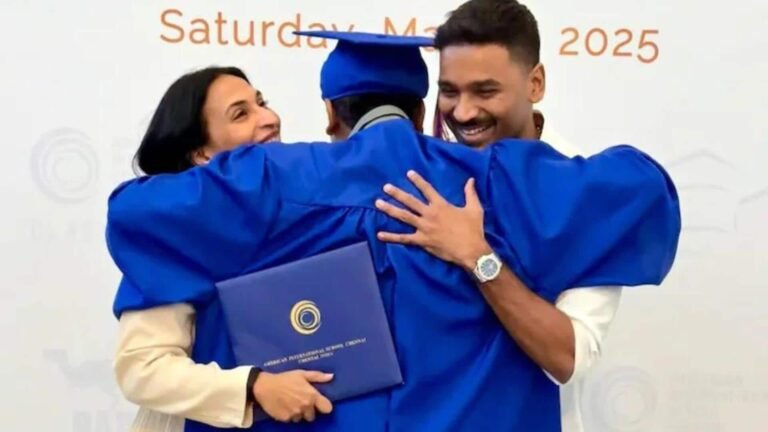 மகன் யாத்ராவின் பட்டமளிப்பு விழாவில் ஒன்றாக பங்கேற்ற தனுஷ் – ஐஸ்வர்யா  