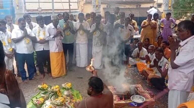 ஆலங்குளம் நத்தம் மாரியம்மன்கோவில் மகாமண்டபம் கல்தூண் பொருத்தும் விழா
